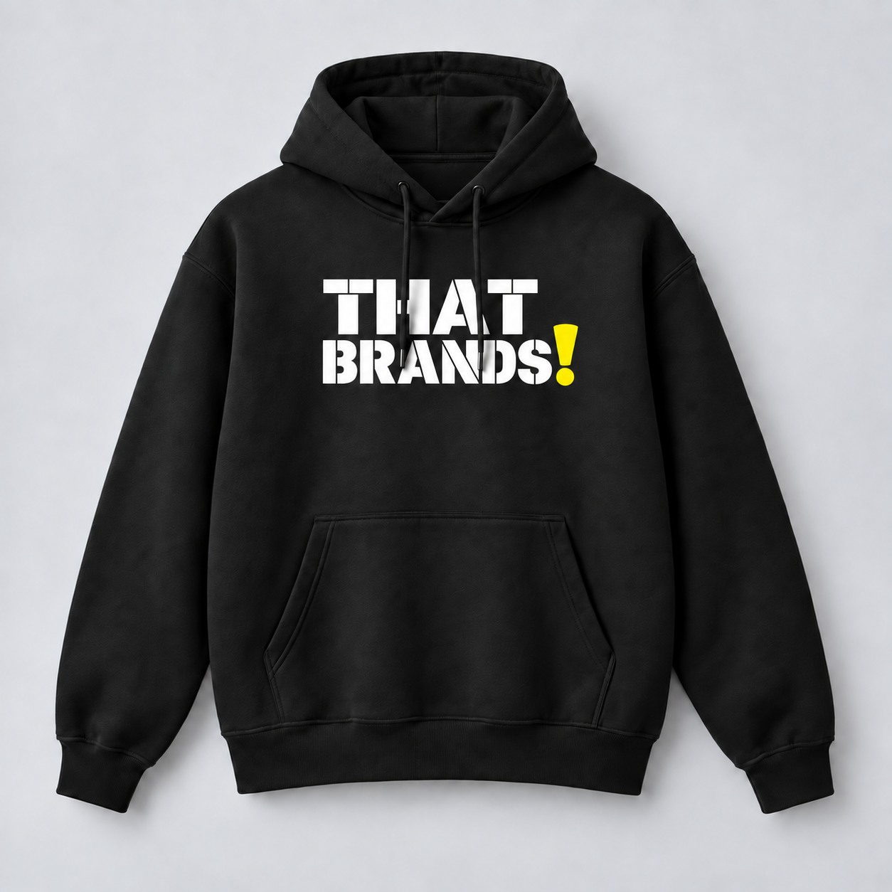 Black hoodie concept with the full That Brands! stencil logo in white and yellow