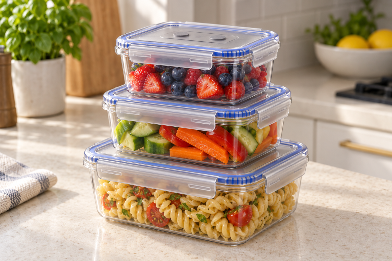 Realistic illustration of three clear Stack That! food containers stacked on a kitchen counter, with blue lid seals and enclosed magnetic components